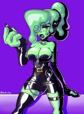 4_fingers absurd_res big_breasts black_dress bonk150 breasts chains choker cleavage collar collar_ring collarbone collarbones eyebrows_visible_through_hair female fishnet fishnet_armwear fishnet_clothing fishnets gold_buckle goth goth_girl gothic green_body green_eyes green_hair green_skin hair_over_one_eye hair_tied hairband hi_res holding_lipstick holding_object jenny_(bonk150) kiss_mark kiss_mark_on_cheek kiss_mark_on_face latex latex_arm_warmers latex_armwarmers latex_armwear latex_clothing latex_dress latex_gloves latex_legwear latex_stockings latex_thighhighs lipstick lipstick_mark lipstick_smear looking_away makeup mascara ponytail purple_background shiny shiny_body shiny_breasts shiny_clothes shiny_hair shiny_skin short_dress shoulders silver_jewelry sleeves sleeves_past_wrists slime slime_girl slimy smeared_lipstick smeared_makeup spikes standing thigh_belt thigh_strap thighs unzipped unzipping zipper zipper_down zipper_dress