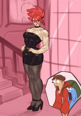 1girls 2024 2boys alternate_muscle_size besky_(artist) black_dress black_footwear bloo bracelet breasts broad_shoulders cartoon_network female foster's_home_for_imaginary_friends frankie_foster high_heels hoop_earrings indoors mac_(fhfif) male medium_breasts muscles muscular muscular_female pantyhose ponytail purse red_hair red_lipstick short_dress standing strapless strapless_dress thick_thighs