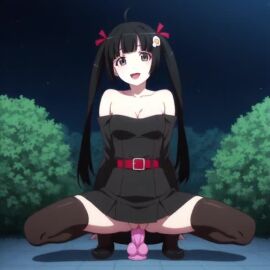 1girls ai_generated araragi_tsukihi bare_shoulders belt blunt_bangs breasts bush cleavage collarbone detached_sleeves dildo dildo_riding dress female full_body huge_dildo imminent_penetration lipstick long_sleeves looking_at_viewer makeup medium_breasts monogatari_(series) night no_panties off-shoulder_dress outdoors pleated_dress pussy sex_toy shoes smile solo spread_legs strapless strapless_dress tagme thighhighs video