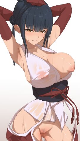 absurdres armpits arms_behind_head bare_shoulders black_hair breasts bridal_gauntlets censored closed_mouth commission contrapposto cowboy_shot detached_pants double_bun elbow_gloves female gloves hair_bun half-closed_eyes hat highres japanese_clothes kaekae_kaeru kimono large_breasts long_hair looking_at_viewer mosaic_censoring nijisanji nipples obi one_breast_out presenting_armpit pubic_hair pussy red_gloves red_headwear sash see-through simple_background skeb_commission sleeveless sleeveless_kimono solo sweat tokin_hat virtual_youtuber white_background white_kimono yamagami_karuta yamagami_karuta_(1st_costume) yellow_eyes