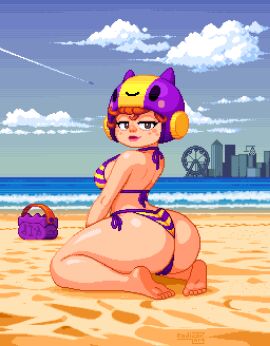 bea_(brawl_stars) beach brawl_stars female looking_at_viewer looking_back pixel_art tagme