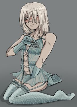 agad3 blushed_face condom embarrassed lingerie lingerie_only long-haired_male male my_hero_academia nervous suggestive yoichi_shigaraki