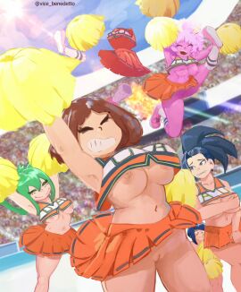 2025 6girls alternate_hair_color armpits arms_up black-haired_female black_hair boku_no_hero_academia breasts brown-haired_female brown_hair cheerleader cheerleader_uniform closed_eyes female female_only green-haired_female green_eyes green_hair invisible_girl mina_ashido momo_yaoyorozu my_hero_academia nipples ochako_uraraka pink_body pink_hair pink_skin pom_poms purple-haired_female purple_hair pussy short_hair skirt thighs tied_hair tooru_hagakure tooru_hagakure_(invisible) tsuyu_asui vice_benedetto