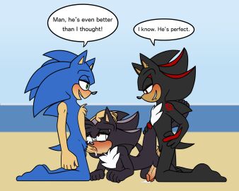 5_fingers anal anal_sex anthro balls beach black_body blush bodily_fluids chin_piercing dialogue digital_media_(artwork) double_penetration dripping ear_piercing ear_ring english_text erection eulipotyphlan eyewear eyewear_only facial_piercing fan_character feet fellatio fingers fur genital_fluids genitals glasses glasses_only gottagoblast gottagoblastnsfw green_eyes group group_sex hair hedgehog hi_res humanoid_genitalia humanoid_penis kneeling leaking_precum male male/male male_penetrated male_penetrating male_penetrating_male mammal nude open_mouth oral oral_penetration penetration penile penile_penetration penis piercing precum precum_while_penetrated questionable_consent ring_piercing saliva saliva_drip sand seaside sega sex shadow_the_hedgehog simple_background smile sonadow sonic_(series) sonic_the_hedgehog sonic_the_hedgehog_(series) speech_bubble tail teeth text threesome toes trio water wearing_glasses