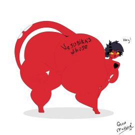 1:1 arm_tattoo ass big_ass big_breasts big_butt bimbofication black_hair breasts bubble_ass bubble_butt butt_tattoo demon digital_media_(artwork) female genitals growmachine hair helluva_boss horn huge_ass huge_butt humanoid hyper hyper_ass hyper_butt imp lips millie_(helluva_boss) nude pussy red_body red_skin simple_background solo tail tattoo text thick_lips