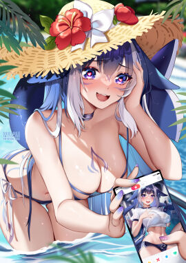 :d bangs bare_shoulders beach bikini black_bikini blue_bikini blue_eyes blue_nails blue_ribbon blush body_markings breasts cellphone choker cleavage collarbone day eyebrows_visible_through_hair face_markings female flower hair_between_eyes halterneck hat hat_flower heart heart-shaped_pupils heart_ahoge hibiscus highleg highleg_bikini holding indie_virtual_youtuber large_breasts long_hair looking_at_viewer markings multi-strapped_bikini nail_polish navel open_mouth outdoors phone pov purple_eyes shylily side-tie_bikini silver_hair sky smartphone smile solo_focus squchan standing stomach swimsuit symbol-shaped_pupils thighs virtual_youtuber wading water