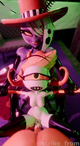 3d_(artwork) assisted_sex blender cum_in_pussy demon demons ffm_threesome holding_up_other_character niffty one_eye petite pimp pimp_hat restrained_arms rule_63 strikefrommidnight valentino_(hazbin_hotel)