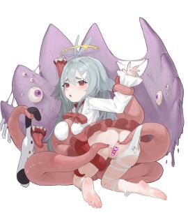 absurdres anus ass barefoot censored commentary copyright_request denpafish_(vtuber) female grey_hair halo heart heart_censor highres indie_virtual_youtuber long_hair mirumiruchan open_mouth panties pussy red_eyes red_skirt skirt soles solo spread_pussy tentacle underwear virtual_youtuber white_panties