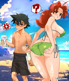 1boy 1girls angry_expression annoyed beach bikini black_hair blush breasts brown_eyes brown_hair coffee-break crushing_object delia_ketchum_(pokemon) female game_freak huge_breasts long_hair looking_at_viewer male messy_hair milf mother_and_son nintendo pokemon satoshi_(pokemon) spiky_hair sunhat swimming_trunks swimsuit voluptuous