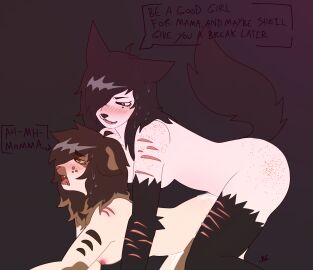 anthro blush blush_lines bodily_fluids breasts canid canine canis cum dakota_(pup_rika) dialogue doggy_style domestic_cat domestic_dog drooling duo felid feline felis female from_behind_position futanari genital_fluids hi_res intersex intersex/female kitty_soda mammal moan mommy_kink saliva scar scars_on_thighs sex sweat trans_woman transfem tuna_(kitty_soda)