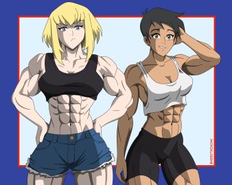 2girls abs adult_swim belly_button big_breasts big_muscles blonde_hair blue_eyes breasts brown_eyes brown_hair dark-skinned_female dark_skin dc dc_comics eight_pack female female_only fit fit_female kara_zor-el lois_lane lois_lane_(my_adventures_with_superman) looking_at_viewer medium_breasts multiple_females multiple_girls muscles muscular muscular_arms muscular_female muscular_thighs my_adventures_with_superman navel pixie_crop pixie_crop_bangs pixie_crop_female pixie_crop_hair pixie_crop_with_long_locks pixie_cut pixie_cut_bangs pixie_cut_female pixie_cut_hair pixie_cut_with_long_locks short-haired_female short_hair short_hair_bangs short_hair_with_long_locks signature six_pack sports_bra sports_panties sports_shorts supergirl supergirl_(my_adventures_with_superman) superman_(series) text tomboy toonami