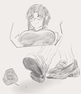 2girls ahoge arcueid_brunestud blush breasts chuunialter ciel_(tsukihime) female giantess glasses huge_breasts imminent_stomp looking_at_another low-angle_view macro macro_female melty_blood school_uniform shocked shoes short_hair size_difference size_play smaller_female smile socks stomping surprised taller_female tsukihime underboob walking