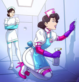 2girls apron brown_hair cleaning cleaning_tool dress female female_only fully_clothed gloves high_heels latex latex_clothing latex_gloves latex_stockings latex_thighhighs nurse nurse_cap nurse_uniform padded_cell padded_room padded_walls shiny_clothes sleepystephbot stockings thighhighs tight_clothing uniform