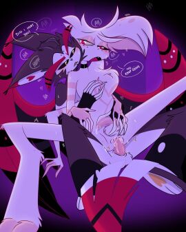 2boys alewdval anal_sex angel_dust_(hazbin_hotel) blush breasts breath_cloud choker dialogue english_text feline fully_nude gay hand_on_breast hand_on_penis hazbin_hotel husk_(hazbin_hotel) legs_apart legs_spread male male_only moaning moaning_in_pleasure nude penis precum precum_drip reverse_cowgirl_position spider sweat sweatdrop sweating twink vivienne_medrano wholesome wings yaoi