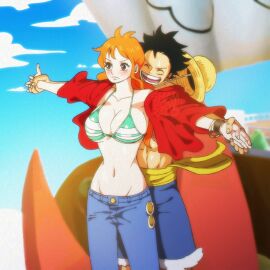 1boy 1girls bikini bikini_top_only black-haired_male black_hair blue_sky blush breasts cleavage couple curvy denim female hat jeans large_breasts long_hair male monkey_d_luffy muscular muscular_male nami_(one_piece) navel one_piece open_clothes open_shirt orange-haired_female orange_hair outstretched_arms pants parody post-timeskip reference scar shampowrado short_hair shorts sky straw_hat striped_bikini thousand_sunny titanic_(1997_film) wholesome