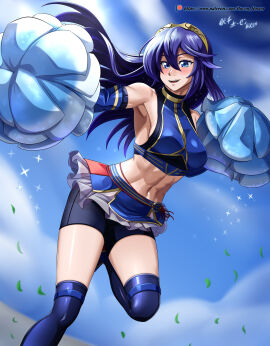 1girls blue_eyes blue_hair breasts cheerleader detached_sleeves dress female fire_emblem fire_emblem_awakening hocen long_hair looking_at_viewer lucina_(fire_emblem) medium_breasts midriff navel nintendo pom_pom_(cheerleading) pom_poms tiara