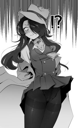 !? black_and_white blush clothed danganronpa danganronpa_another embarrassed fanganronpa female female_focus female_only flustered fully_clothed gema_(artist) gemamamaa genderswap genderswap_(mtf) hair_over_one_eye monochrome panties rule_63 sdra2 skirt skirt_lift super_danganronpa_another_2 sweat tagme yomiuri_nikei