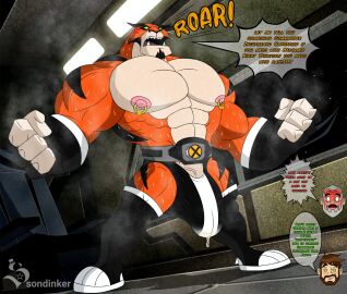 1boy 2d abs alien alien_male anthro appoplexian artist_name ben_10 ben_10000 ben_tennyson biceps bodily_fluids bulge cartoon_network color english_text felid flaccid flaccid_penis full_color genitals hi_res huge_cock human male male_focus male_only mammal max_tennyson muscles muscular muscular_anthro muscular_male musk nipple_piercing nipple_rings nipples pantherine pecs penis pierced_nipples piercing rath solo solo_male sondinker_fazbear's speech_bubble sweat sweating tiger vein veiny_penis