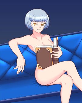 1girls atlus book breasts casual cleavage completely_nude covering covering_breasts elizabeth_(persona) female human looking_at_viewer nude nude_female nudist orangemint_4444 ouch_meme pale_skin persona persona_3 solo uc-four