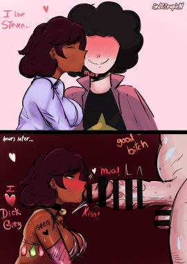 1girls 2boys 2koma body_writing censored condom condom_accessories connie_maheswaran cucked_by_father dark-skinned_female dark_skin english_text fellatio female greg_universe interracial j8fraph kissing light-skinned_male male netorare oral penis steven_quartz_universe steven_universe used_condom