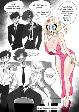 alastor_(hazbin_hotel) big_breasts bimbo blonde_hair blue_eyes blush breasts charlastor charlie_morningstar_(hazbin_hotel) clothed clothing comic_page dialogue female glasses hair hazbin_hotel hellaverse human human_alastor_(hazbin_hotel) human_vox_(hazbin_hotel) male male/female male_villain nipples nyochandesuyo_(artist) open_mouth open_smile partially_clothed smile speech_bubble standing straight teeth thick_thighs tongue vox_(hazbin_hotel) ‪nyochandesuyo