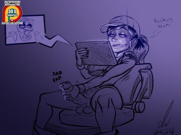 1futa balls big_penis bored breasts chica_(fnaf) cigarette cigarette_in_mouth clothed clothing dickgirl erection five_nights_at_freddy's futa_focus futanari hat human intersex masturbation monochrome mostly_clothed penis pierump precum security_guard sitting solo tablet vanessa_(fnaf)