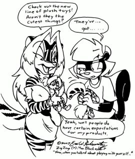 2007 4_fingers anthro big_breasts black_and_white black_body black_fur breasts cleavage clothed clothing dialogue duo english_text eric_schwartz eyebrow_through_hair eyebrows eyewear facial_markings female fingers fur glasses gloves_(marking) hair head_markings holding_object holding_plushie hybrid inanimate_object long_hair looking_at_object mammal markings medium_hair mephitid monochrome motion_lines multicolored_body nipple_outline open_mouth plushie question raised_eyebrow raised_tail sabrina_(sabrina_online) sabrina_online shirt signature simple_background skunk speech_bubble standing striped_body striped_fur striped_markings striped_tail stripes t-shirt tail tail_markings text topwear traditional_media_(artwork) translucent translucent_hair two-tone_body white_background white_body white_fur white_hair zig_zag