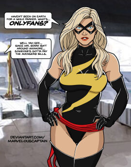 bare_shoulders black_gloves black_leotard black_thighhighs blonde_hair blue_eyes blurry bodysuit breasts captain_marvel captainmarvelousart carol_danvers clothing covered_navel cowboy_shot domino_mask elbow_gloves english_language english_text female female_only gloves groin halterneck hands_on_hips highleg highleg_leotard indoors large_breasts leotard lips lipstick long_hair looking_at_viewer makeup marvel marvel_comics marvelouscaptain mask ms._marvel ms._marvel_(carol_danvers) parted_lips peter_parker photo_background pinup red_belt red_lips sash smile solo speech_bubble spider-man standing superhero superheroine text thigh_gap thighhighs thighs