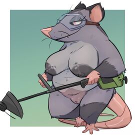 2024 american_opossum anthro big_breasts black_nipples breasts casual_nudity eyewear eyewear_only female full-length_portrait fur gardening gardening_tools genitals goggles goggles_only grey_body grey_fur hi_res honeymono mammal marsupial nipples noodlestoat nude nude_female overweight overweight_anthro overweight_female portrait pussy smile solo whiskers