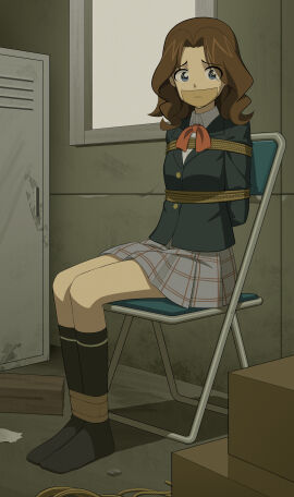 absurdres arms_behind_back black_socks blue_eyes bondage bound bound_legs brown_hair detective_conan female gag highres improvised_gag knee_socks kneehighs kneesocks medium_hair on_chair pleated_skirt restrained shibari_over_clothes sitting skirt socks tape tape_gag wo_cao_xiao