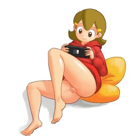 1girls 2019 5-volt barefoot bottomless brown_eyes brown_hair cute edit feet female female_only hoodie human human_only mario_(series) milf minus8 nintendo nintendo_switch pussy shiny shiny_skin simple_background smile solo thighs vagina wario_(series) warioware warioware_gold
