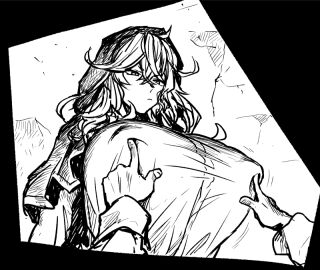 1boy 1girls ahemaru breast_poke breasts covered_nipples female gigantic_breasts grimm_(red_hood) male taller_female the_hunters_guild:_red_hood velou