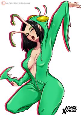 2d breasts breasts_out clothed darkxenssei female fully_clothed mantis mantis_(marvel) mantis_(marvel_rivals) marvel marvel_comics marvel_rivals onesie onesie_open open_shirt underboob white_background