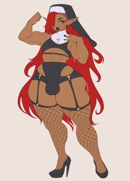 1boy 2d abs absurd_res blush bulge clothed clothing crossdressing dark-skinned_femboy dark-skinned_male dark_skin detailed_bulge ear_piercing ear_ring elf elf_femboy elf_male femboy femboy_only fishnet_clothing fishnet_legwear fishnet_stockings flexing_bicep footwear garter_straps genital_outline hair hair_over_eye hi_res high_heels humanoid_pointy_ears legwear long_hair male male_nun male_only muscles muscular muscular_femboy muscular_male nun nun_outfit one_eye_obstructed original painted_nails penis penis_outline piercing pointy_ears pupils red_hair ring_piercing shybred solo stockings thick_thighs thigh_highs white_background wide_hips