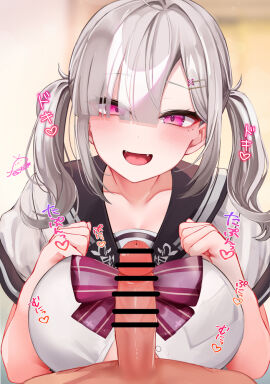 1boy bar_censor blush bow bowtie breasts brown_sailor_collar censored collarbone commentary_request fangs female festa11307070 grey_hair grey_serafuku heart huge_breasts long_hair looking_at_viewer male nijisanji open_mouth penis pink_bow pink_bowtie pink_eyes sailor_collar school_uniform serafuku short_sleeves smile solo_focus sukoya_kana sukoya_kana_(3rd_costume) translation_request twintails virtual_youtuber