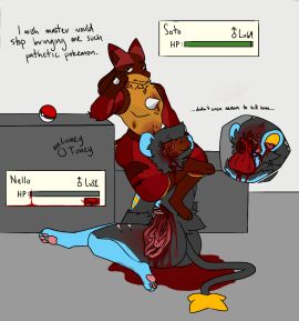 anthro balls balls_on_face blood_pool bodily_fluids brain_matter corpse death dialogue disembowelment duo english_text fan_character furry generation_4_pokemon genitals gore guro guts intestines legs_around_head lucario luneytuney luxio male male/male male_death necrophilia nintendo organs penis pokemon pokemon_(species) simple_background skull_fucking text