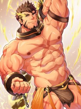 1boy armpit_hair armpits arms_up aura bara barbarian beard beefy belt biceps big_areola big_breasts bracelet breasts brown_eyes brown_hair bulge bulge_through_clothing chains clenched_hand daddy dilf eight_pack hands_behind_head heracles_(tokyo_afterschool_summoners) hi_res holding_object holding_stick holding_weapon loincloth looking_at_viewer male male_only masculine_male mature_male middle_aged muscles muscular muscular_arms muscular_legs muscular_male muscular_thighs necklace pelvic_curtain scar scar_on_arm scar_on_chest scar_on_leg scars_all_over short_hair six_pack skimpy smile standing tepen_(tptptpn) thick thick_arms thick_eyebrows thick_thighs tokyo_afterschool_summoners tough_guy v-shaped_eyebrows veiny_arms veiny_muscles yaoi
