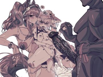 2d 2girls absurdly_large_cock angelina_(arknights) animal_ears arknights bimbo bimbofication cock dick female fox_ears fox_girl holding_hands leash_and_collar male nipple_piercing nipples penis piercing piercings suzuran_(arknights) victim_alice