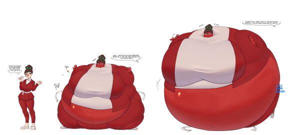 1girls ass ass_expansion belly_expansion belt belt_pop big_ass big_belly big_breasts breast_expansion breast_growth breast_growth_(enlargement) breasts brown_hair dialogue expansion female hyper immobile inflation light-skinned_female light_skin puffed_cheeks red_clothing red_skin sile2011 skin_turning_red spherical_inflation sunken_head sunken_limbs tagme thin_waist tomato_inflation white_belt wide_hips