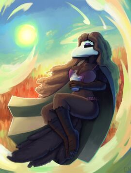 big_breasts bird bird_humanoid black_body black_feathers black_hair breasts cape coffee_mug female female_focus female_only ingrid_the_plague_doctor lennoxicon original plague_doctor_mask purple_bikini purple_clothing purple_eyeshadow