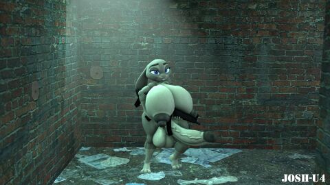 3d anthro ass big_breasts black_nipples breasts bunny_ears bunny_girl female futanari holding_weapon intersex josh-u4 judy_hopps long_penis looking_at_viewer mp5 naked nude penis puffy_nipples thick_ass thick_thighs zootopia