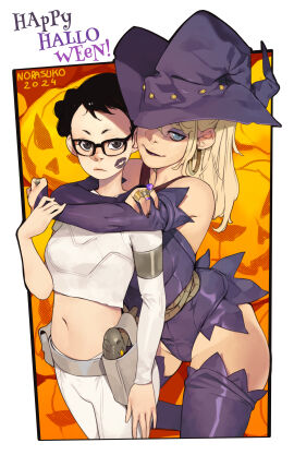 2girls black_eyes black_hair black_lipstick blonde_hair blue_eyes female female_only halloween halloween_costume happy_halloween hi_res hugging_from_behind kiss_mark kiss_mark_on_face long_hair looking_at_viewer miranda_(norasuko) norasuko original original_character original_characters robbie_(norasuko) smiling smiling_at_viewer witch_costume witch_hat