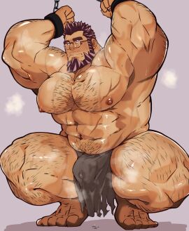 balls bara beard blush body_hair bulge chained_wrists crave_saga facial_hair flaccid glasses kaeru333938123 loincloth male male_only muscles muscular musk pecs penis solo solo_male spread_legs squatting sweat sweating vidandell_(crave_saga) yaoi