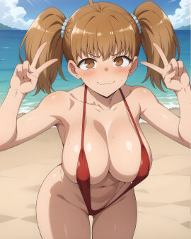 1girls ai_generated beach big_breasts breasts brown_eyes brown_hair curvaceous curvy_female female huge_breasts large_breasts light-skinned_female light_skin looking_at_viewer peace_sign please_don't_bully_me nagatoro sling_bikini slingshot_swimsuit subaruarm swimsuit tagme twintails voluptuous voluptuous_female yoshi_(nagatoro)