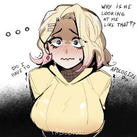 1girls big_breasts blonde_hair blue_eyes blush breasts earrings english english_text female female_focus female_only fully_clothed light_skin looking_at_viewer nervous original sasha_(allenhara) tagme trans_woman transfem yablofap