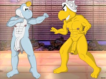 anthro armor balls big_balls big_nipples big_penis black_body ciel-wolf clothing dinosaur dragon duo feet fighting_pose fighting_ring flaccid foreskin genitals headgear headgear_only headwear headwear_only helmet helmet_only hi_res jr_troopa koopa koopa_troopa male male/male mario_bros mostly_nude muscular muscular_anthro muscular_male mythological_creature mythological_scalie mythology nintendo nipples nude nude_fight paper_mario paper_mario:_the_thousand_year_door penis pose prehistoric prehistoric_species reptile scalie teeth the_great_gonzales_jr tortoise turtle white_eyes white_yoshi yellow_body yoshi
