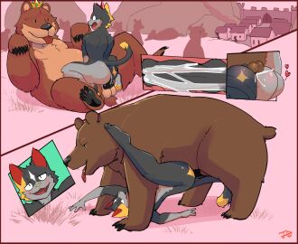 anal anal_sex animal_genitalia anthro anthro_on_feral ass balls bear black_eyes black_penis blush bodily_fluids brown_body claws cowgirl_position crown cum cum_in_ass cum_inside digital_media_(artwork) domestic_cat dot_eyes erection feet felid feline felis female femboy feral from_front_position fur fur_markings furry genital_fluids genitals gradient_background grass group headgear heart_symbol hi_res internal jojoe king lying male male/male male_penetrating mammal markings missionary_position mountain multicolored_body multicolored_fur nude on_back on_bottom on_top panel_tilt paneling pawpads penetration penile penis plant quadruped royalty sex simple_background smile soles tail toe_claws toes tongue tongue_out two-tone_body two-tone_fur village zoophilia