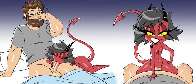 1boy 1girls abryssle aeolus06 arm_up bed black_eyes black_lipstick breasts brown_hair closed_eyes cowgirl_position demon demon_girl demon_horns demon_tail facial_hair fellatio female female_on_top glasses grey_hair heart helluva_boss horns imp lipstick male millie_(helluva_boss) mole mole_under_eye original original_character pov pussy red_body shaved_pussy short_hair shortstack size_difference small_breasts spots spotted_body spread_legs tail tattoo vaginal_penetration white_spots yellow_sclera