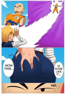 android_18 body_swap captain_ginyu comic dragon_ball dragon_ball_z echosaber female fully_clothed grabbing_own_ass kamehameha krillin kuririn simple_background text