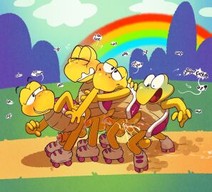 anal argon_vile balls bent_over blush bodily_fluids cum cum_in_ass cum_inside english_text erection foursome genital_fluids genitals group group_sex hi_res koopa lucky_pierre m/m/m/m male male/male male_penetrated male_penetrating male_penetrating_male mario_bros nintendo outside penetration penis rainbow rolla_koopa roller_skates saggy_balls scalie sex shell text train_position